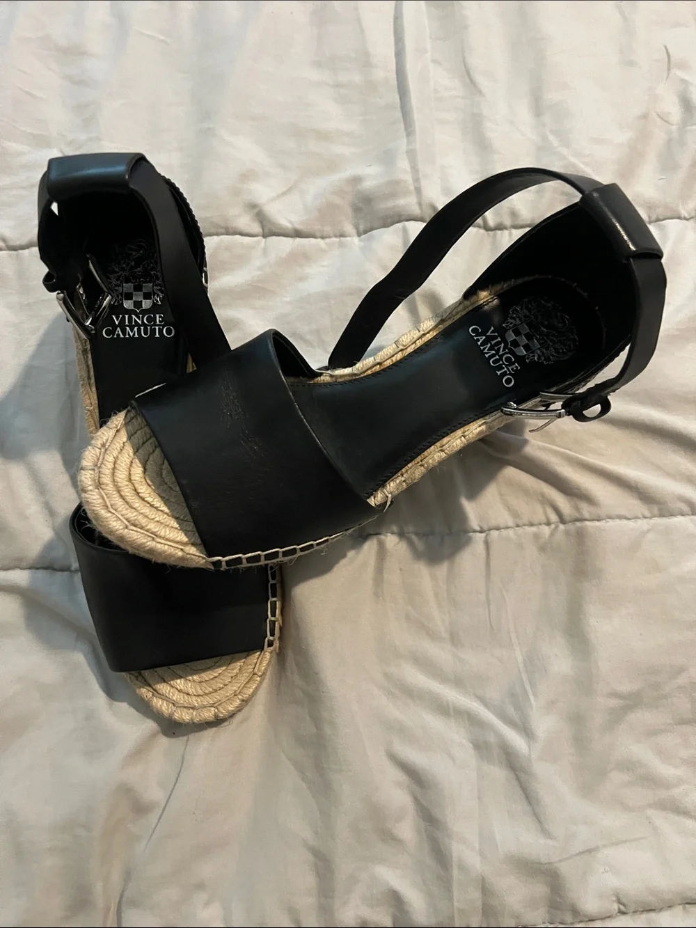 Vince Camuto Black Leather Espadrille Ankle-Strap Wedges